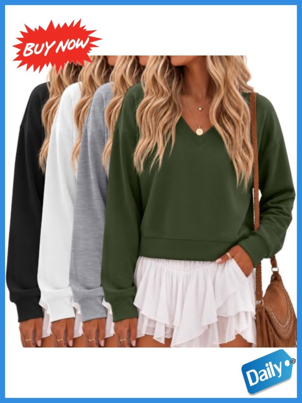 Cropped Sweatshirts Women Long Sleeve V-Neck Pullover Loose Fit Cotton Blend